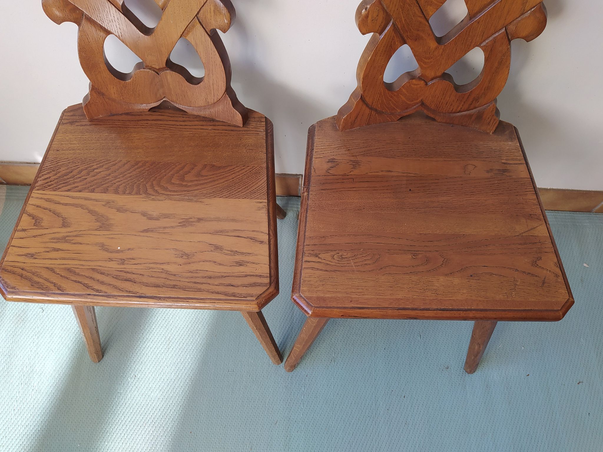 Pair of savoyard mountain chair carved wooden chalet