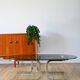 Oval coffee table in smoked glass and chrome, original double S design base, 1970.