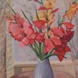 Original Swedish oil on canvas – “Flowers” by Gunnar Larsson – vintage & framed – 58 × 68 cm