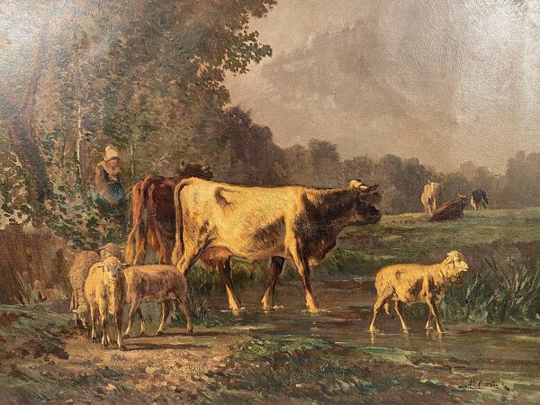 Andres Cortes (peintre espagnol 1812- 1879), paysage aux vaches et moutons. Huile sur toile XIXe