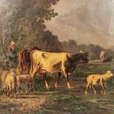 Andres Cortes (Spanish painter 1812-1879), landscape with cows and sheep. Oil on canvas 19th century