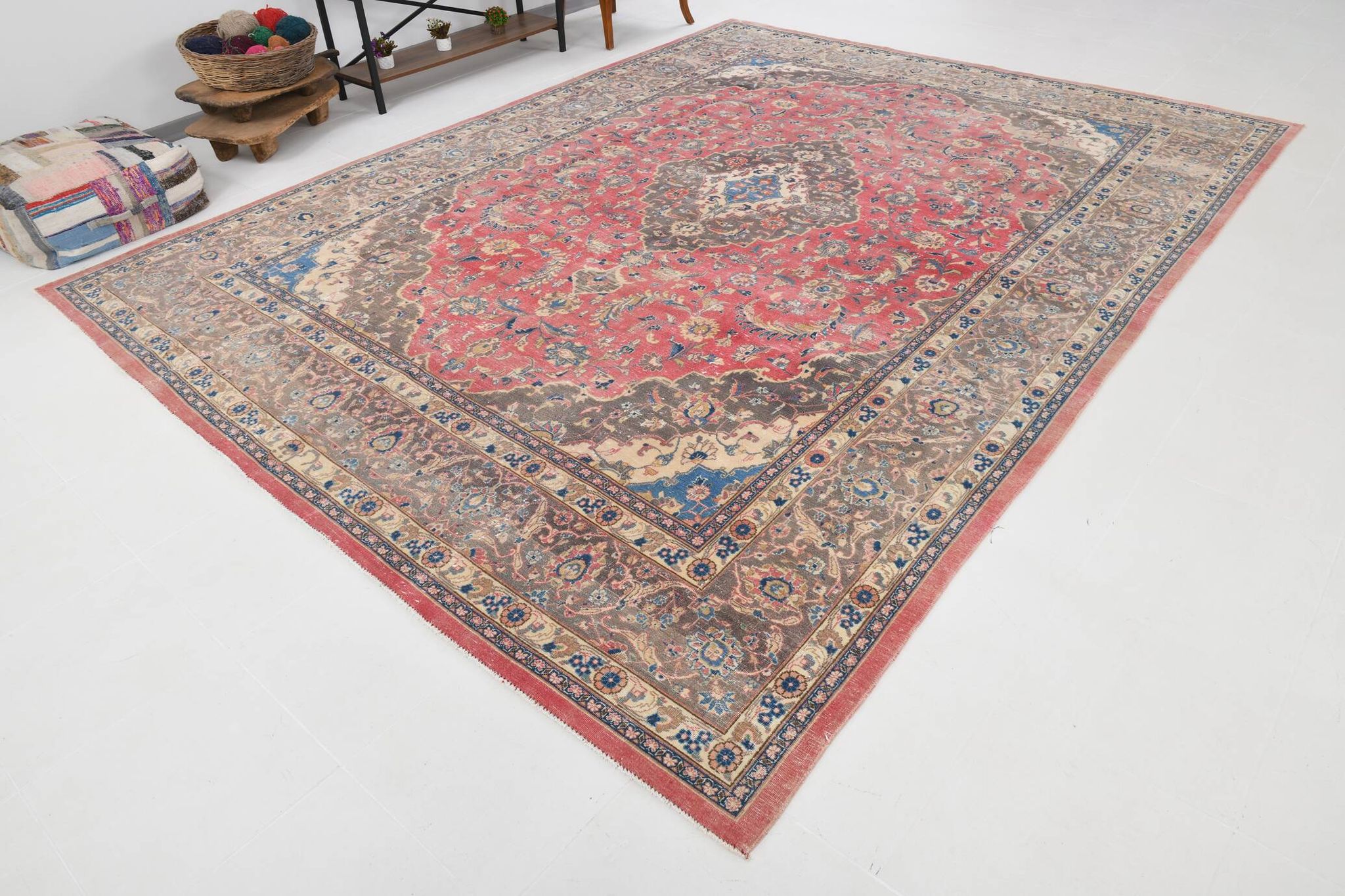 Tapis Persan Vintage Laine Noué Main, Rouge, Motifs Floraux, 291x384Cm