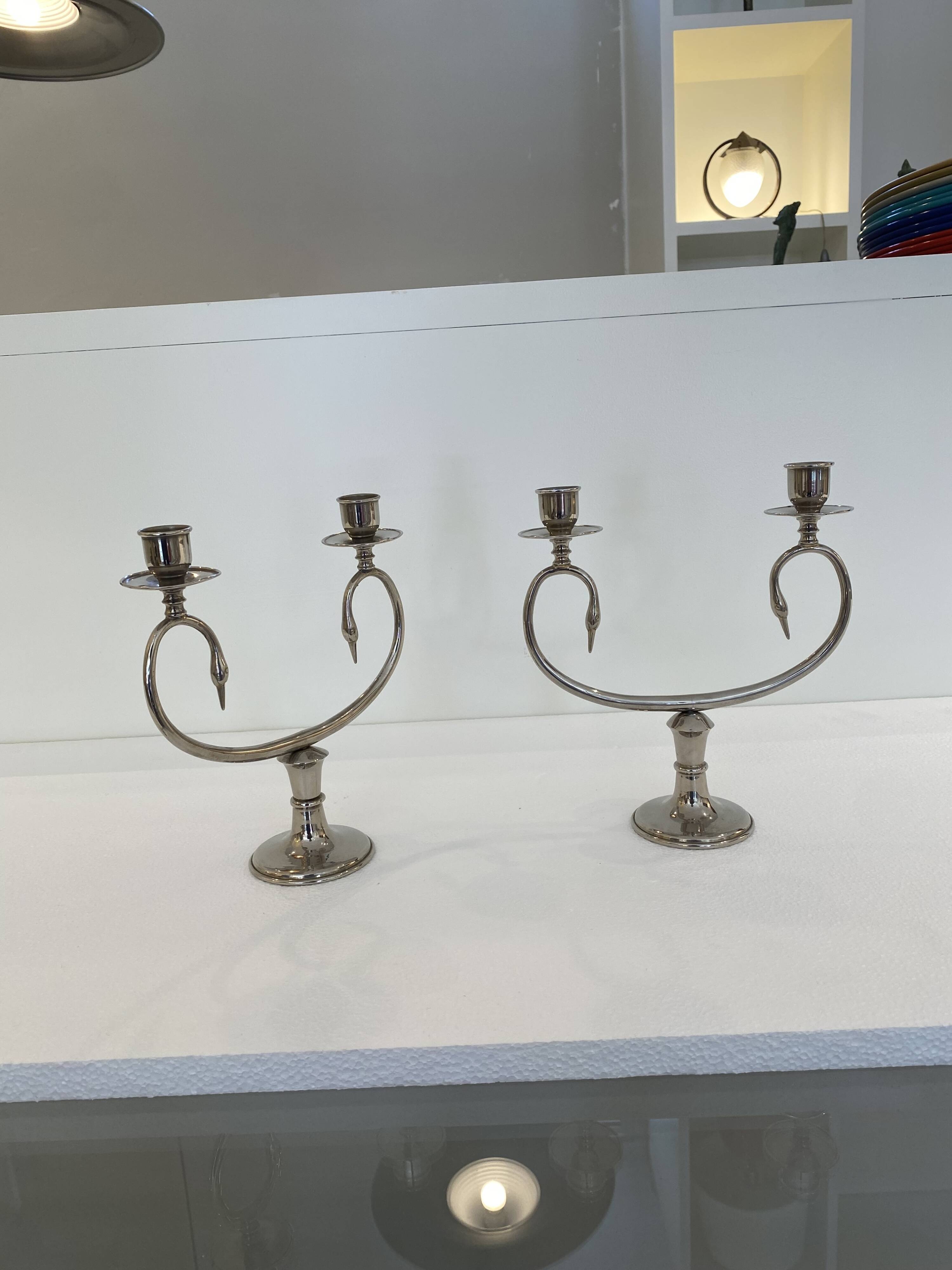 Silver Plated Pair Double Swan Candelabra Candleholders Sculptural 1970s