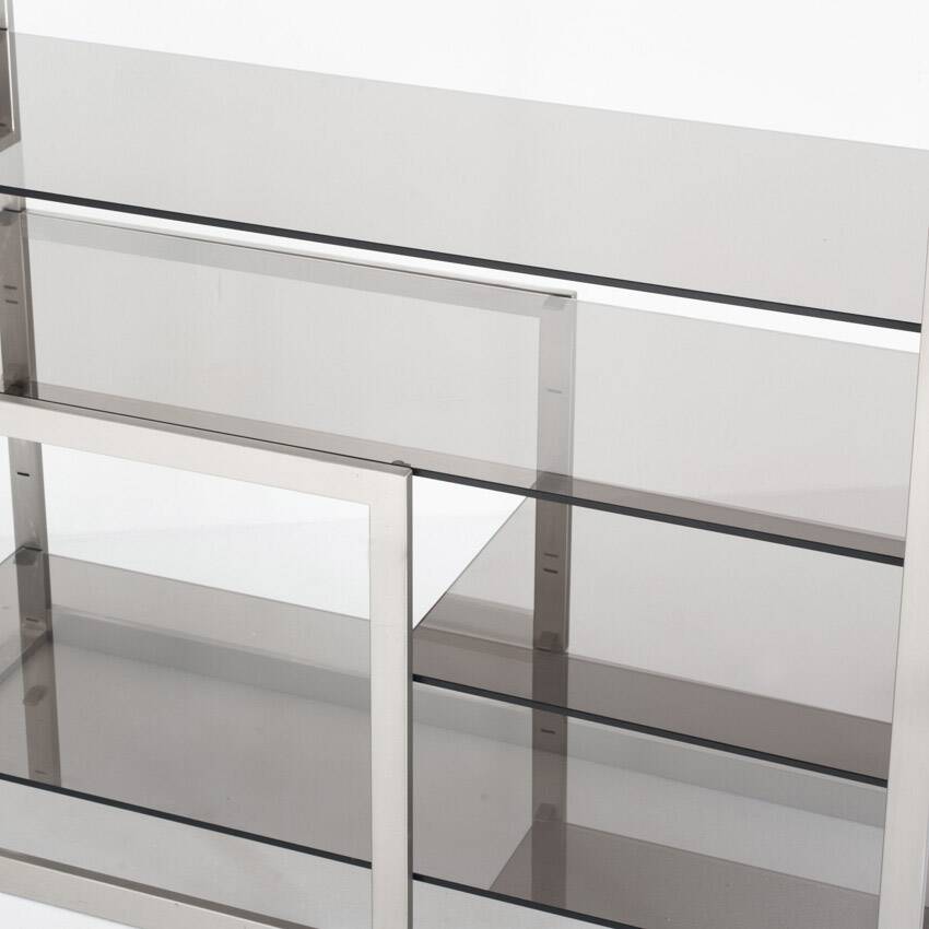 Vintage TV or HiFi cabinet. Brushed stainless steel and smoked glass. France, 1970s