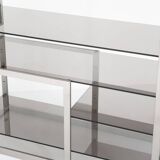 Vintage TV or HiFi cabinet. Brushed stainless steel and smoked glass. France, 1970s