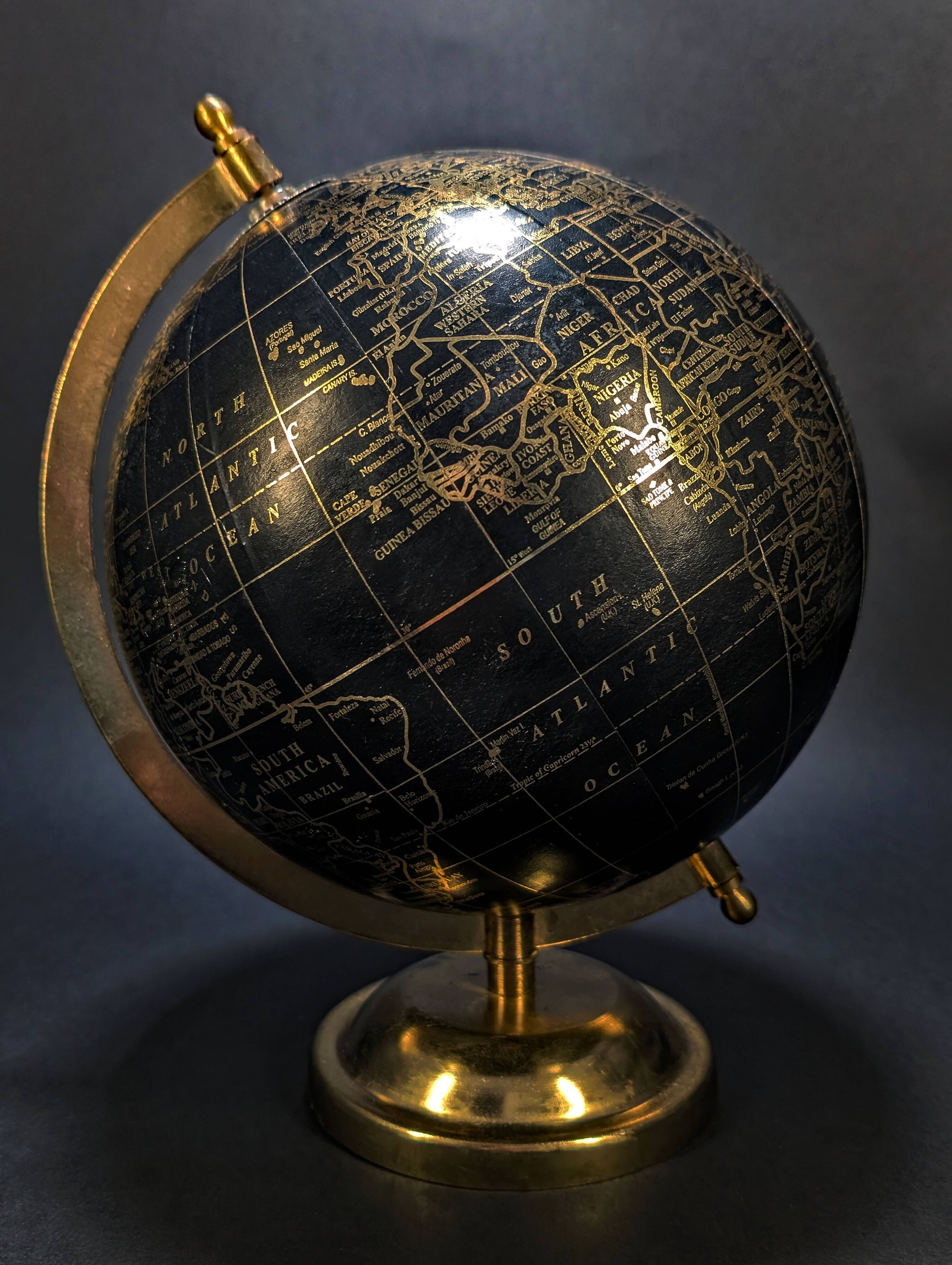 Globe terrestre vintage noir et or – Globe de bureau rotatif avec cadran de temps mondial