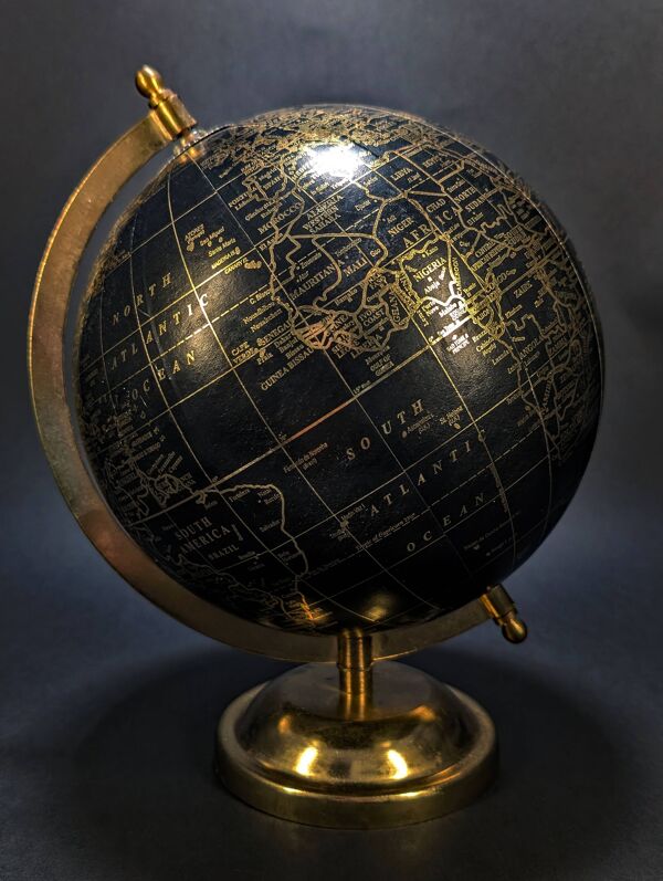Globe terrestre vintage noir et or – Globe de bureau rotatif avec cadran de temps mondial