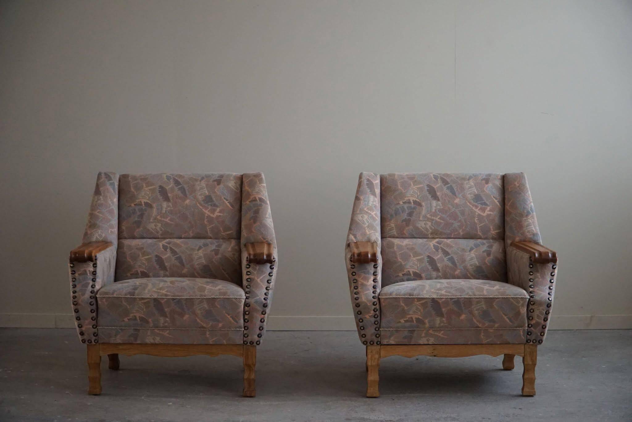 Mid-century modern Danish, pair of oak armchairs with original fabric, 1960s.