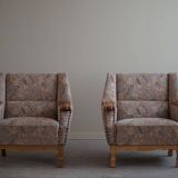 Mid-century modern Danish, pair of oak armchairs with original fabric, 1960s.