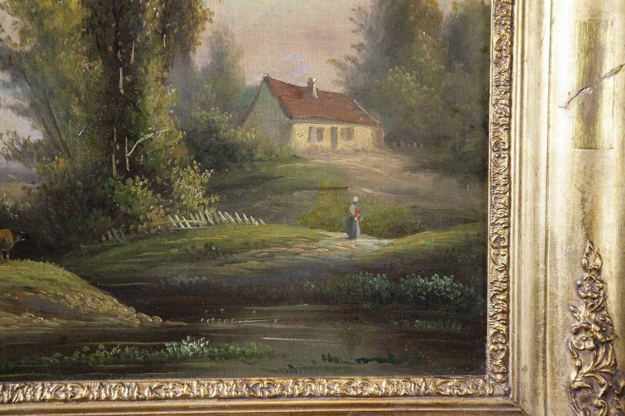 Village, 19ème siècle, huile sur toile, encadré