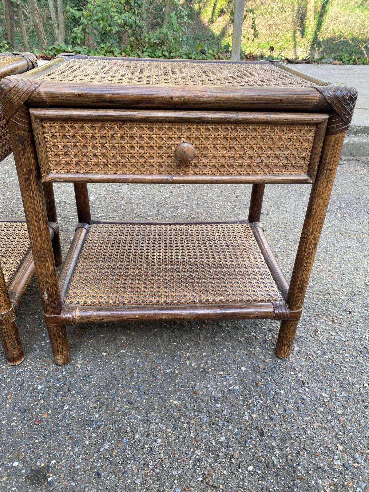 Pair of vintage bedside tables in rattan and caned wicker.