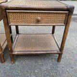 Pair of vintage bedside tables in rattan and caned wicker.