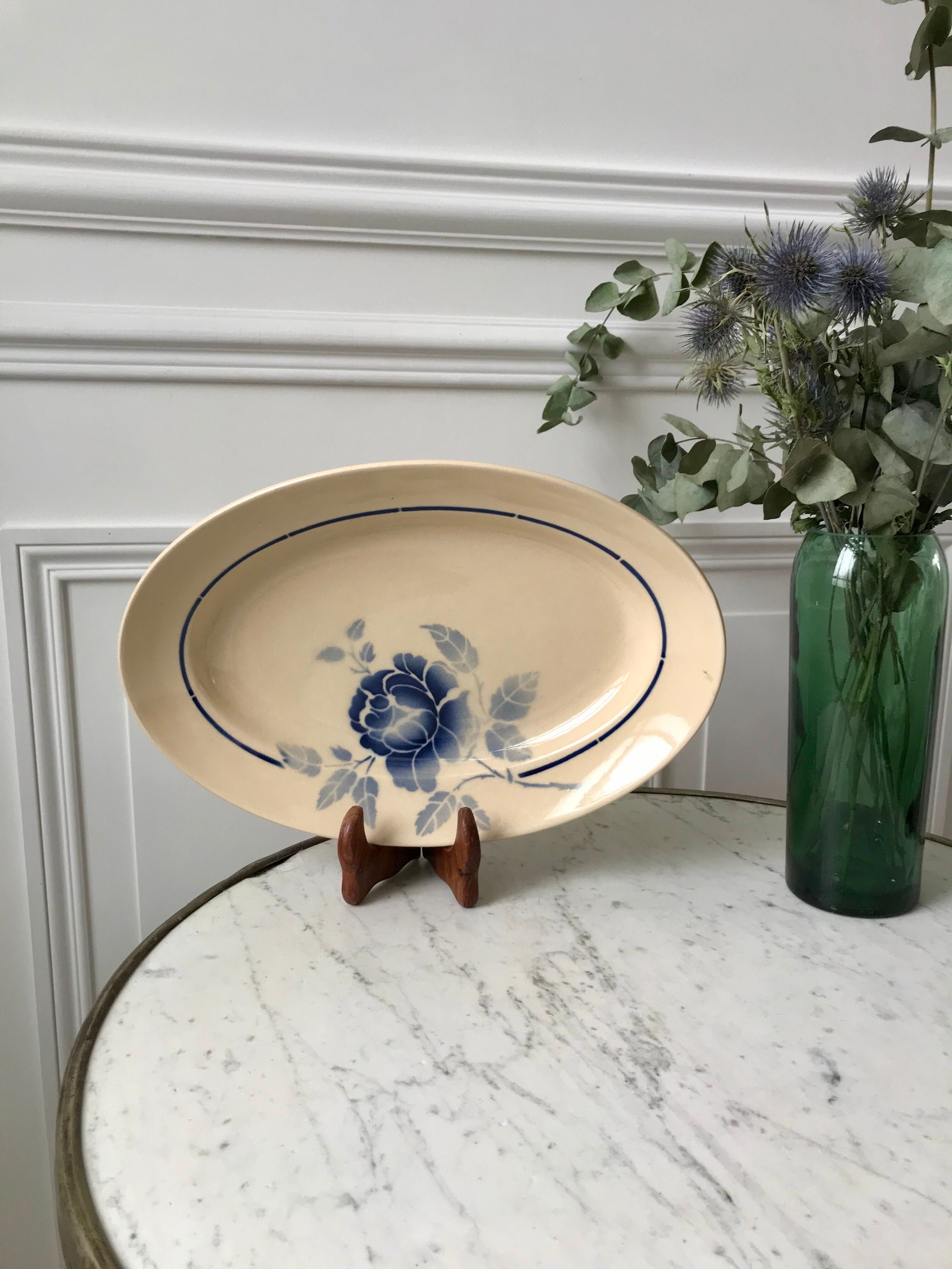 oval dish blue flowers Saint-Amand 30s-40s