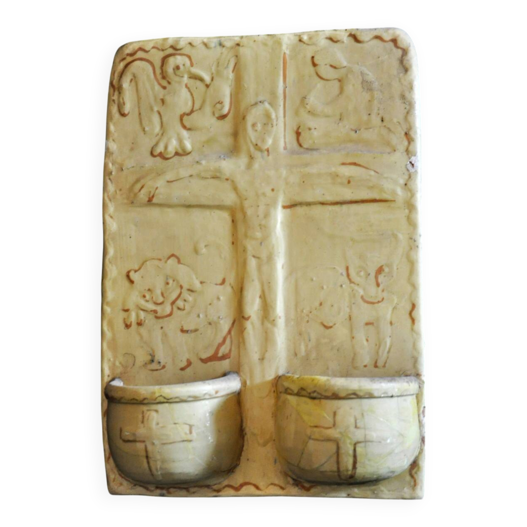 Terracotta plaque signed MSD Anne Dangar Moly-Sabata enamelled with double holy water font