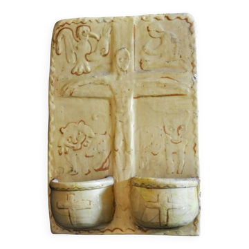 Terracotta plaque signed MSD Anne Dangar Moly-Sabata enamelled with double holy water font