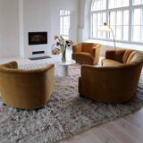 Curved mid-century floor lamp in brass and stone