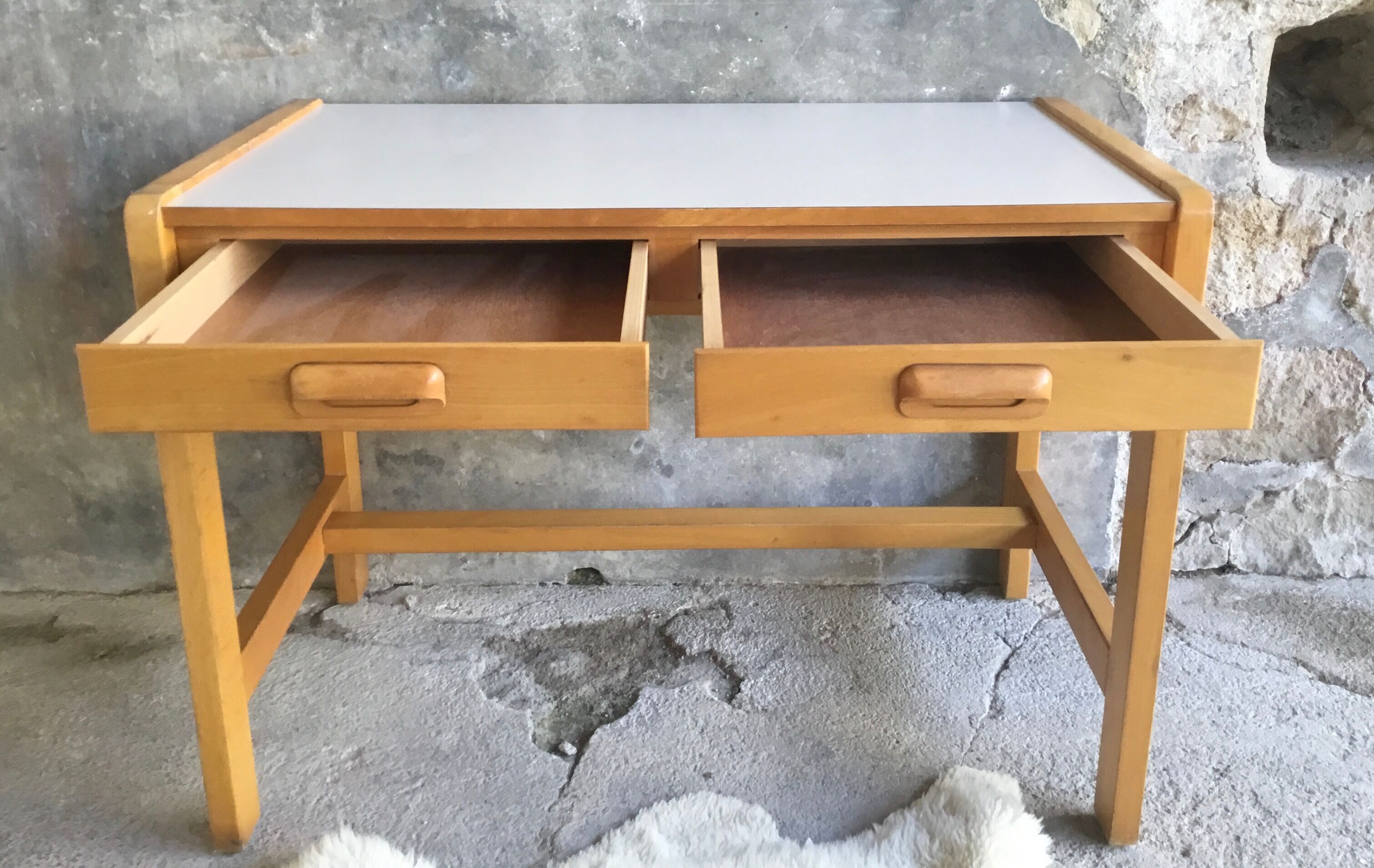 Vintage desk with 2 pine drawers and laminate coating