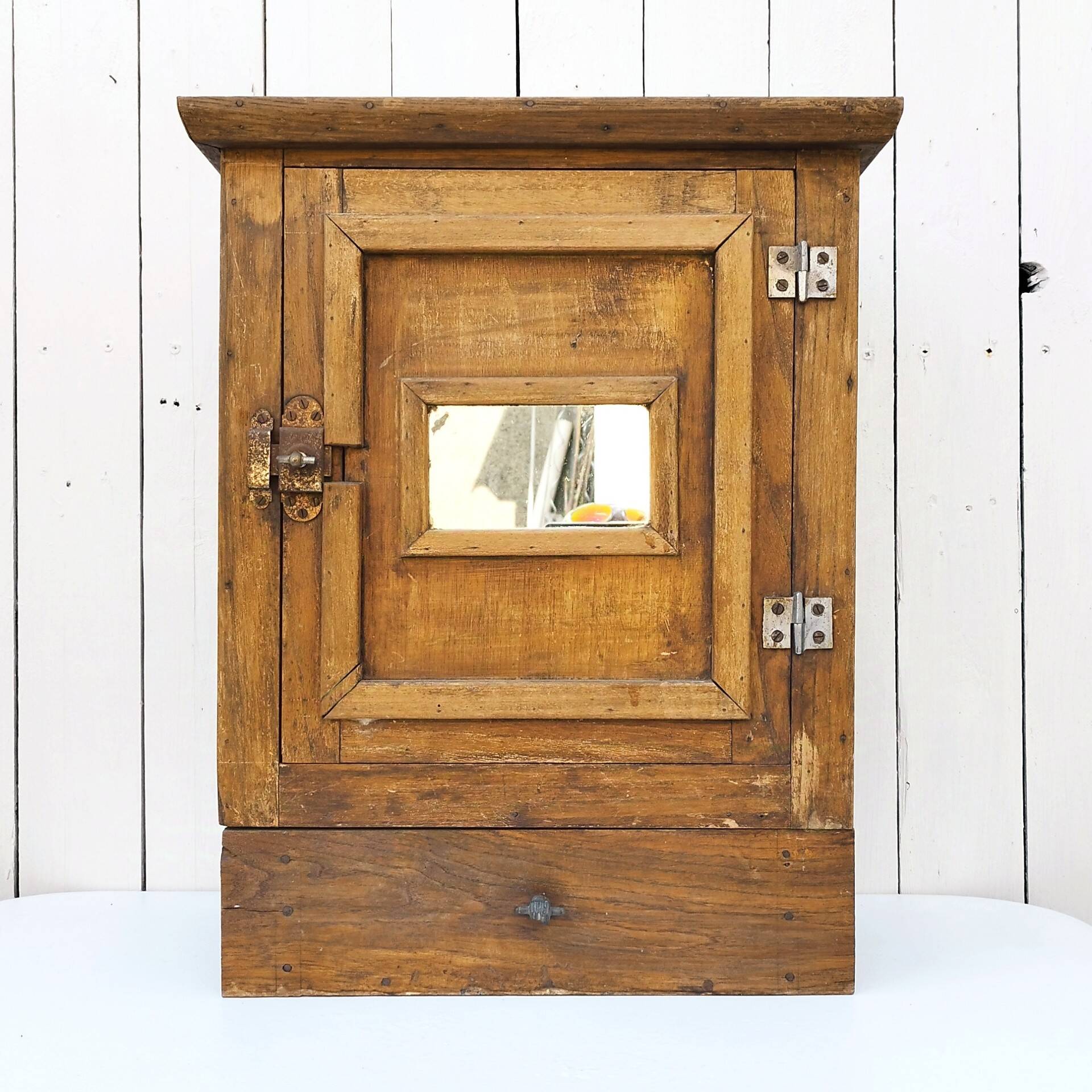 Vintage folk art mirror wall storage unit