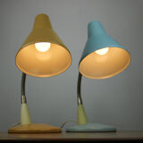 Adjustable Desk Lamp in Blue and Sand Painted Metal and Chrome-Plated Spiral Arm, 1970s, Set of 2