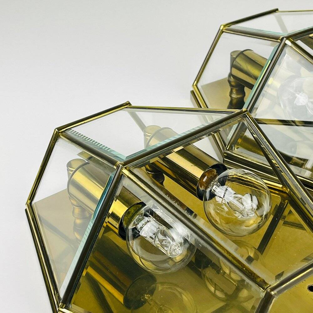 Hexagonal wall sconces in gilded brass and crystal, 1970s, set of 2.