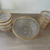 Salad bowl and cups in cut glass and brass