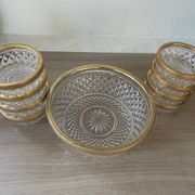 Saladier et coupelles en verre taillé et laiton