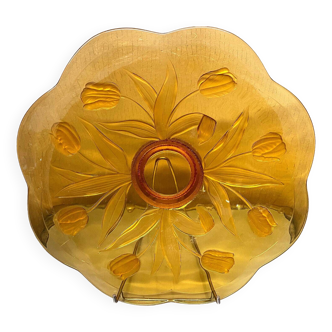 Coupe de centre de table époque Art Déco en verre teinté à décors de tulipes en relief
