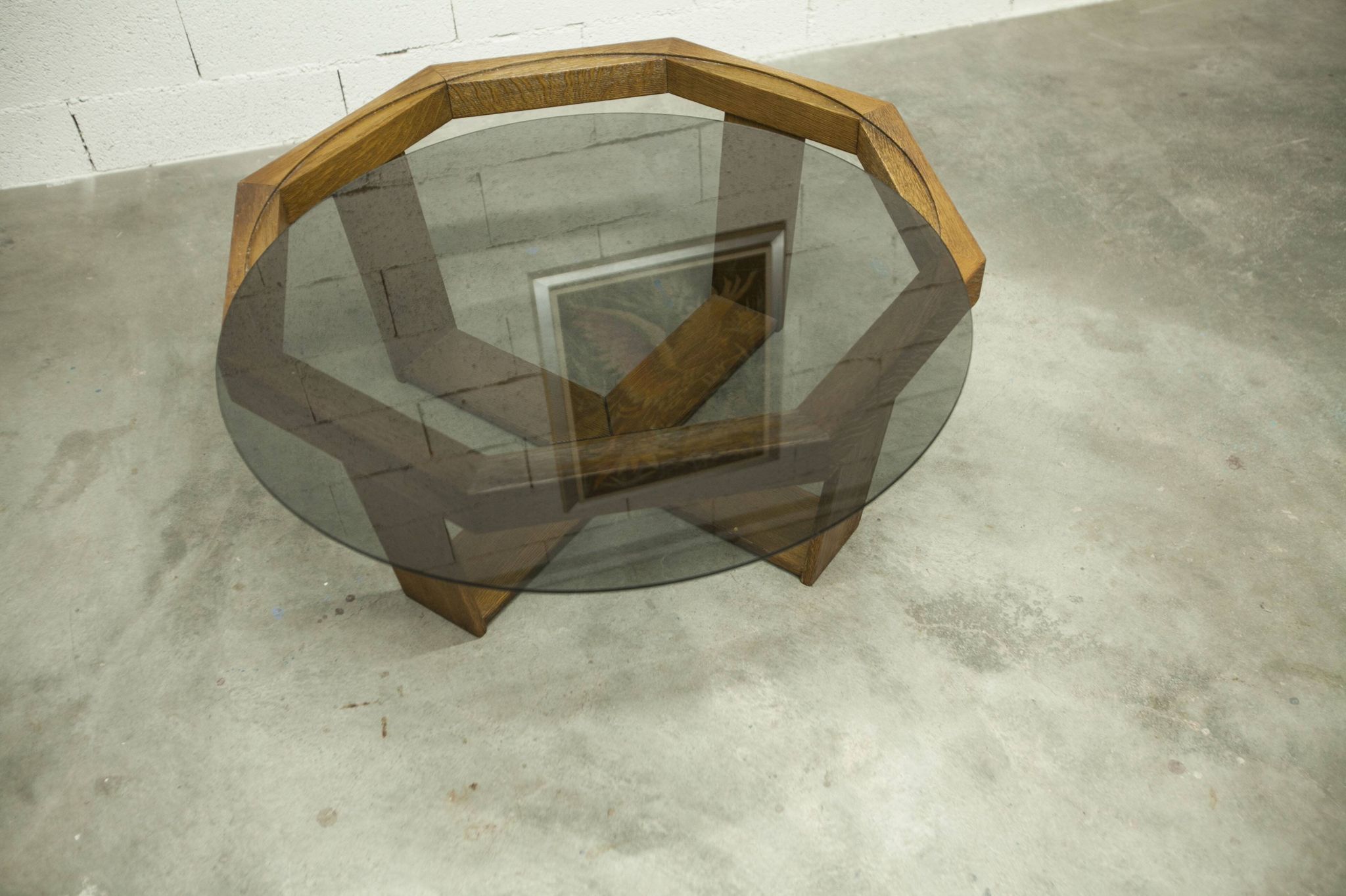 Unique hexagonal table 1977, smoked glass and oak, Swiss made.