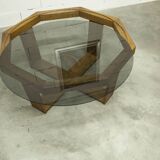 Unique hexagonal table 1977, smoked glass and oak, Swiss made.