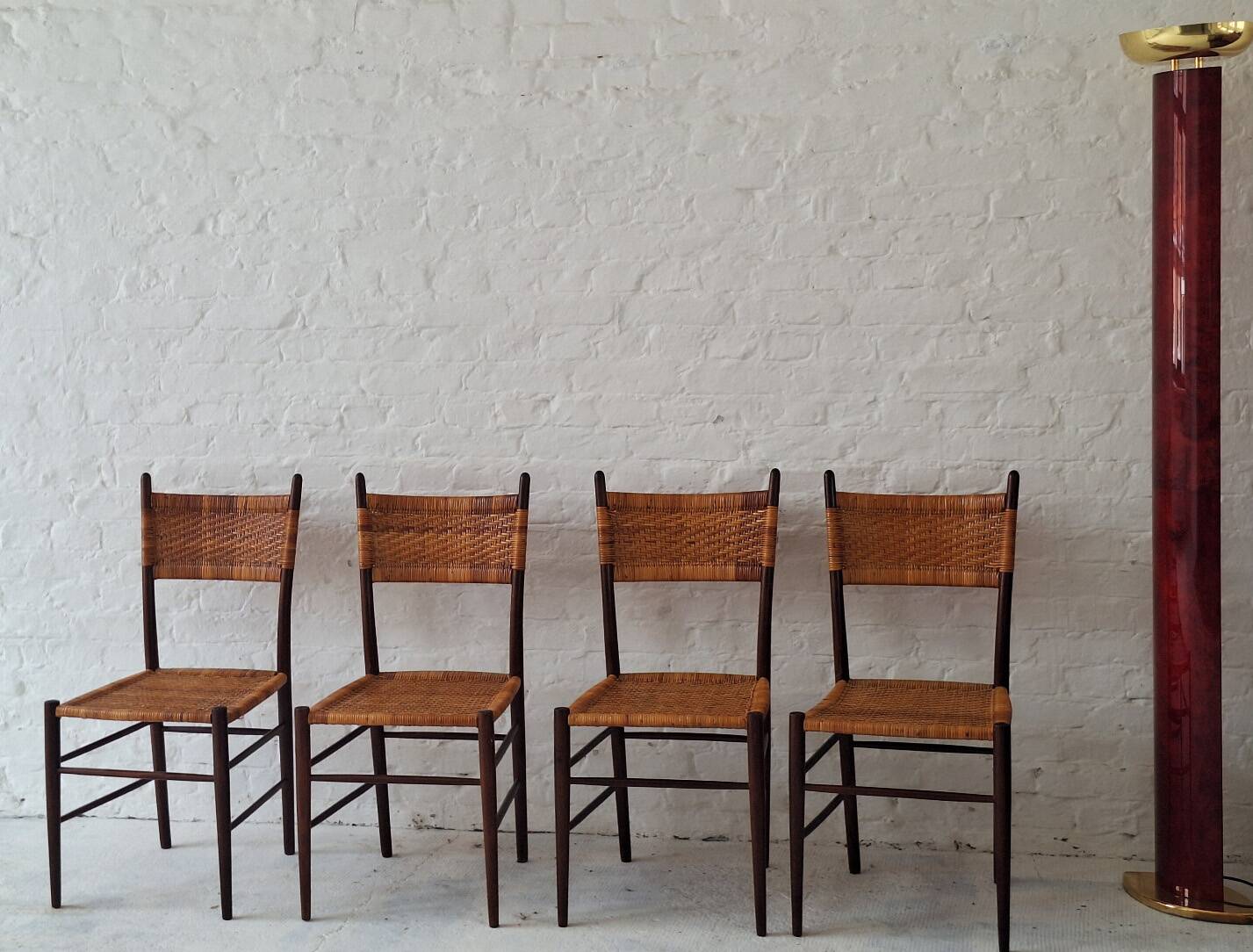 Four teak dining chairs with patinated cane after Gio Ponti, Italy 1960s