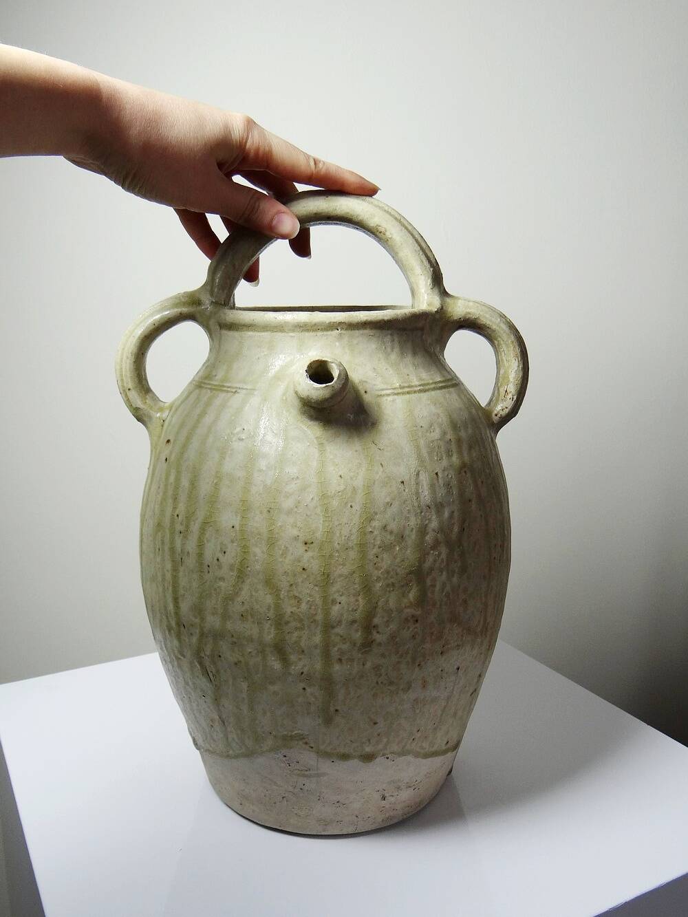 Green ash-glazed stoneware casserole from Puisaye, late 19th to early 20th century.