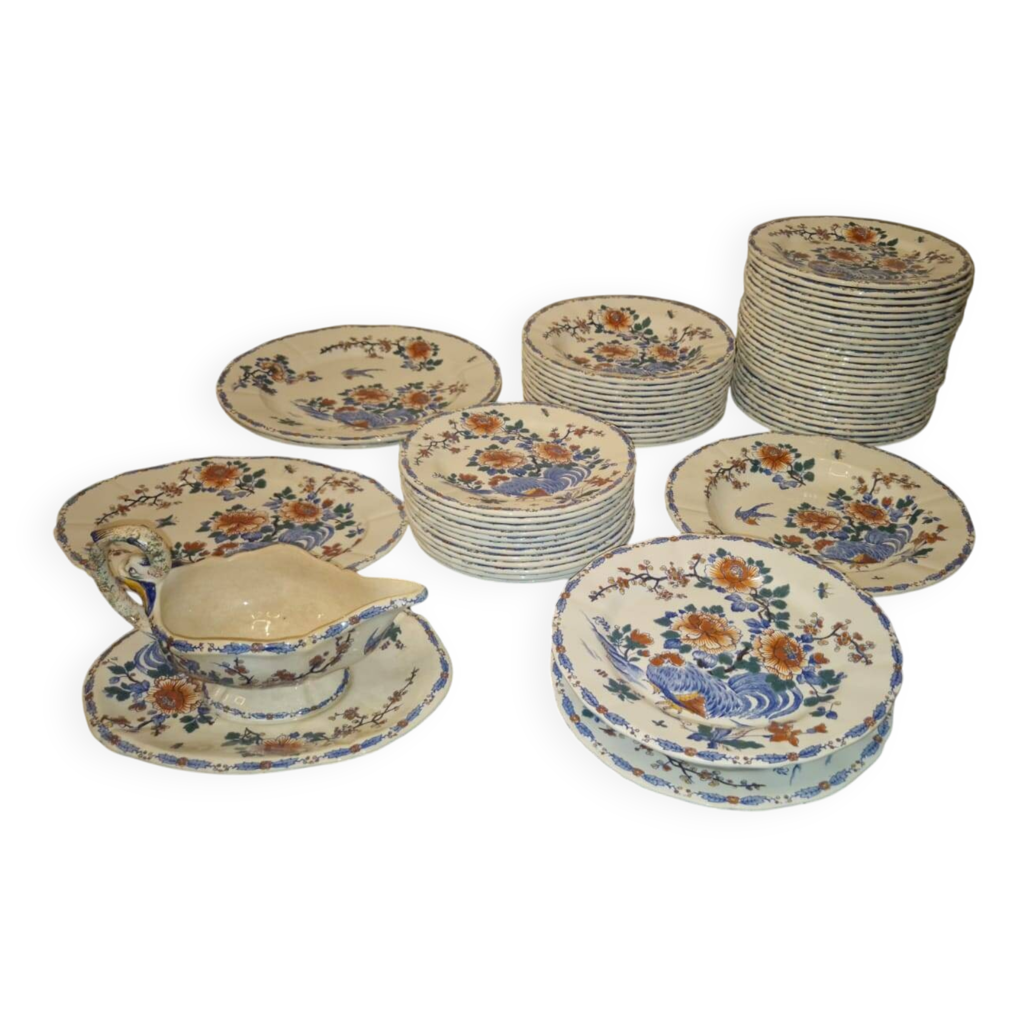 Tableware set, rooster with peonies or dolphin, Gien 1940