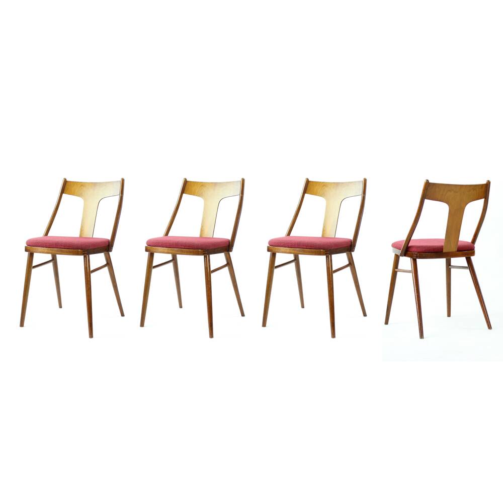 Elegant Dining Chairs In Wood And Pink Upholstery, Czechoslovakia 1960s, Se