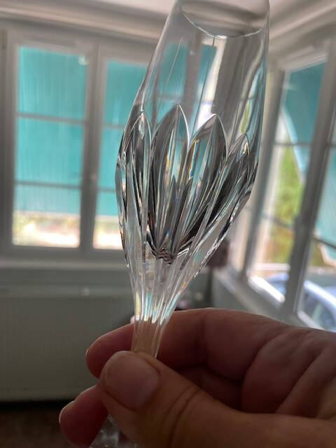 6 antique cut and engraved crystal champagne flutes
