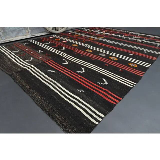 Vintage Turkish Oushak Handmade Wool Cotton Black Area Rug 257x390