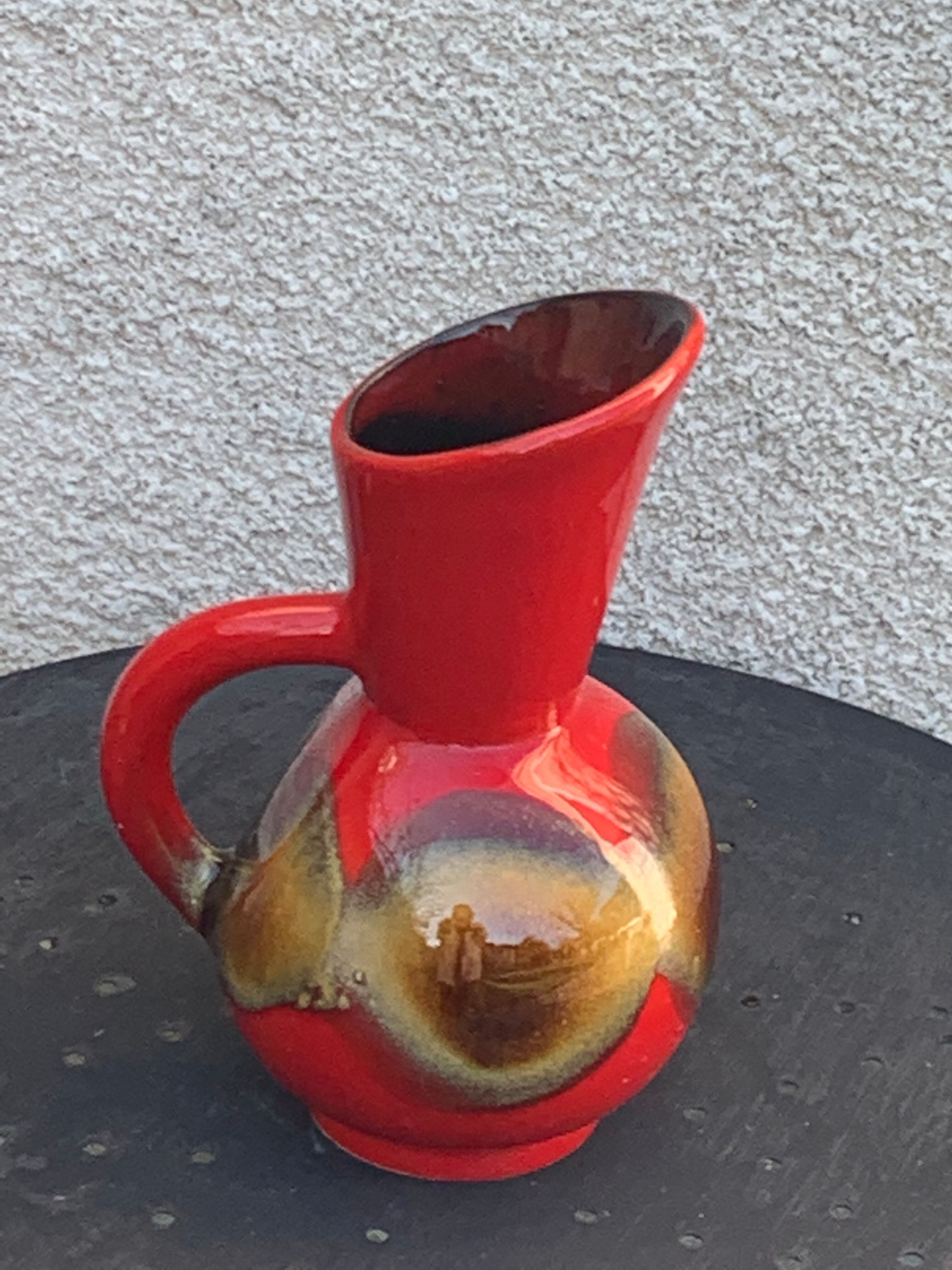 Red and beige glazed ceramic jug, pitcher, carafe, designer and vintage