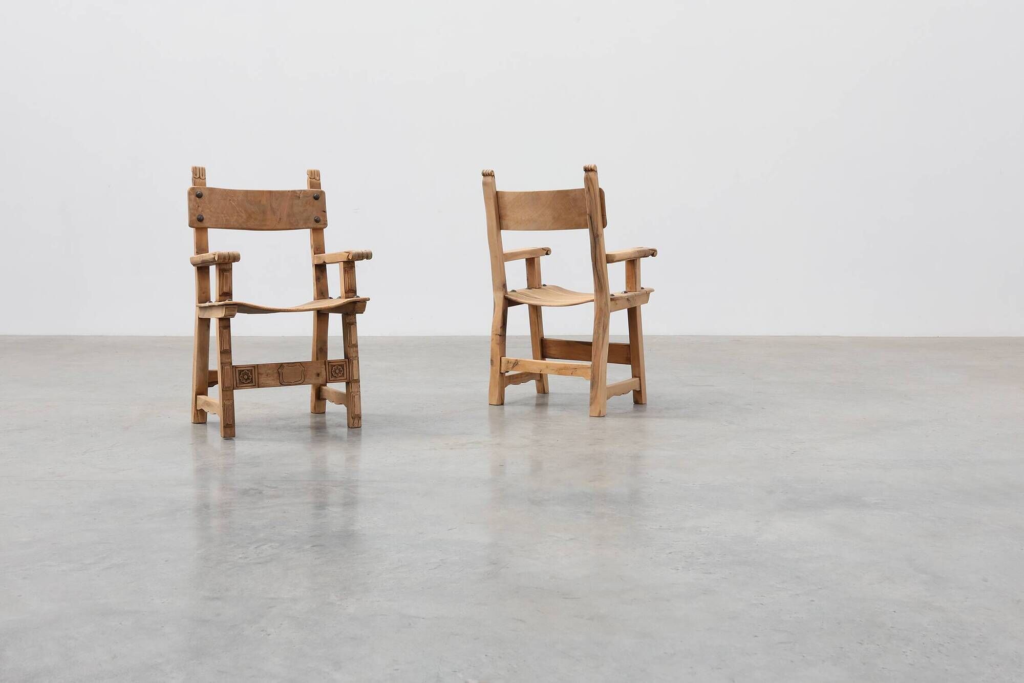 Pair of carved Brutalist Armchairs, Spain, 20th Century