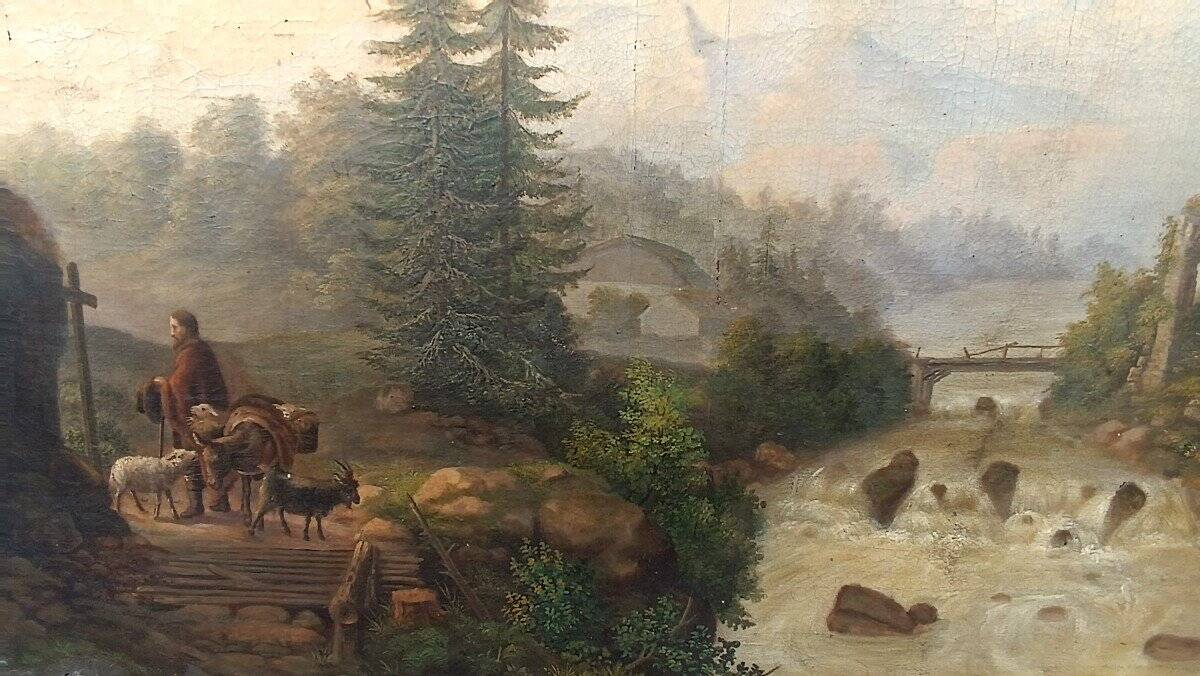 Large Antique Castle Landscape Painting, Oil On Canvas Signed Kraft 1850