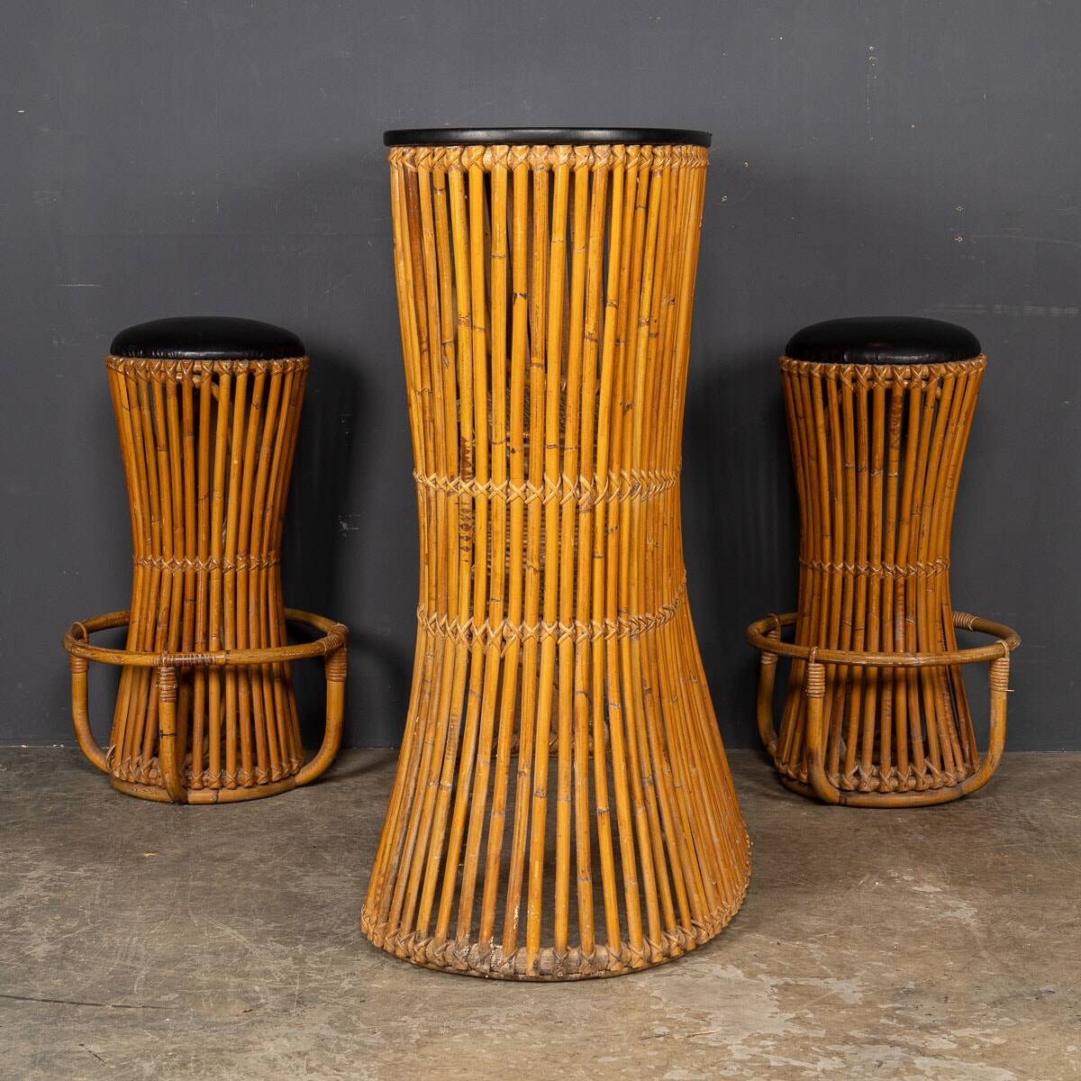 Striking 20thc italian standing bamboo dry bar & stools c.1960