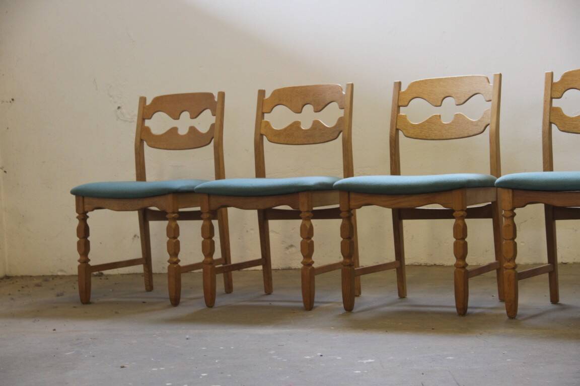 1960s Danish brutalist oak Razorblade dining chairs attributed to Henning Kjærnulf