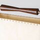 Wood and copper metal floor lamp with parchment.