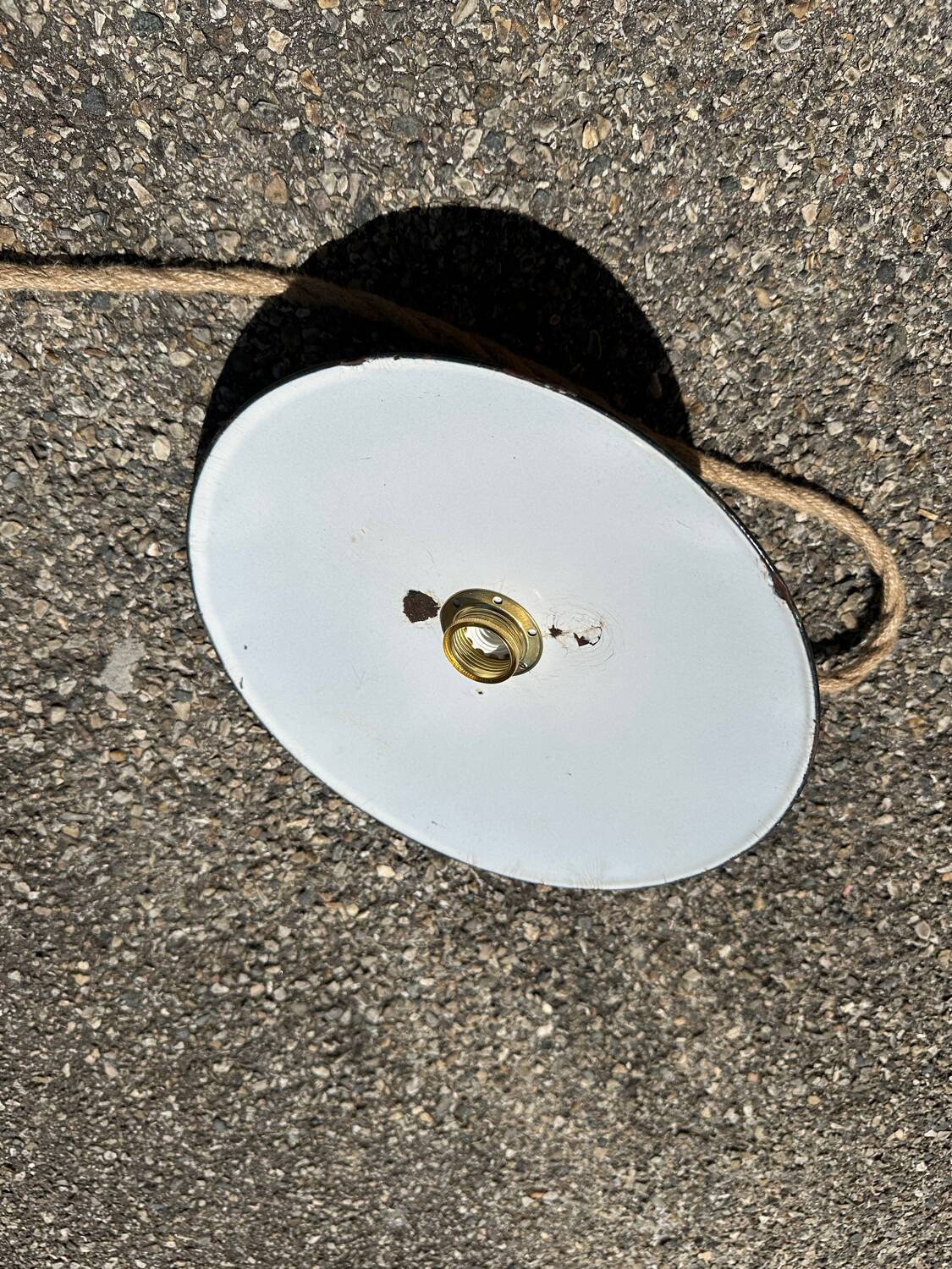 Vintage pendant light with green and white enamelled sheet metal shade