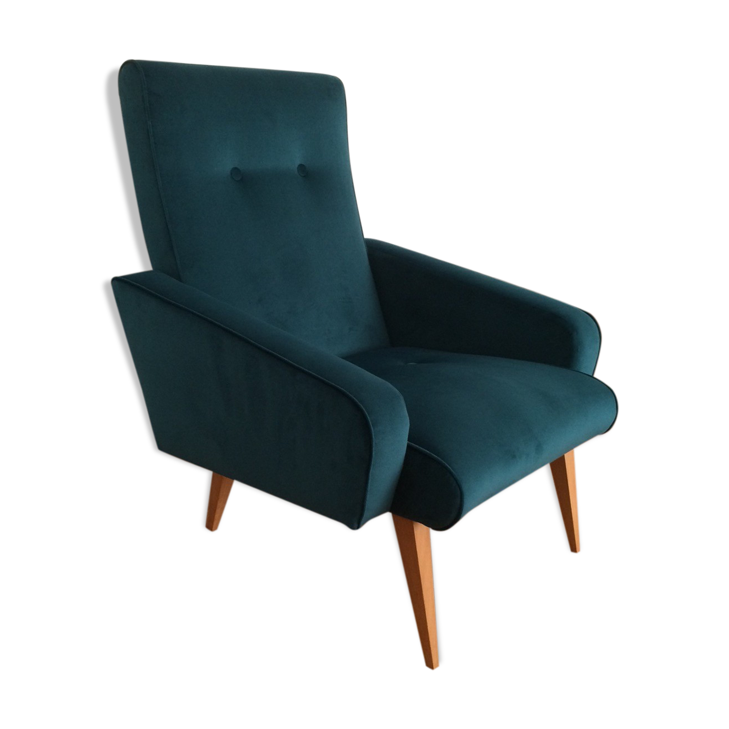 Armchair  50/60 years, duck blue velvet restored