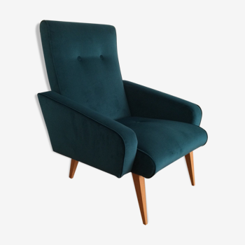 Armchair  50/60 years, duck blue velvet restored