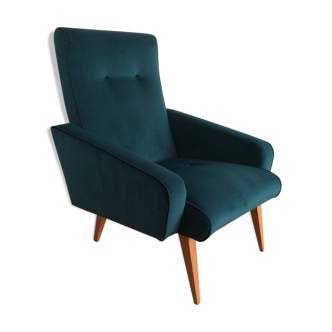 Armchair  50/60 years, duck blue velvet restored