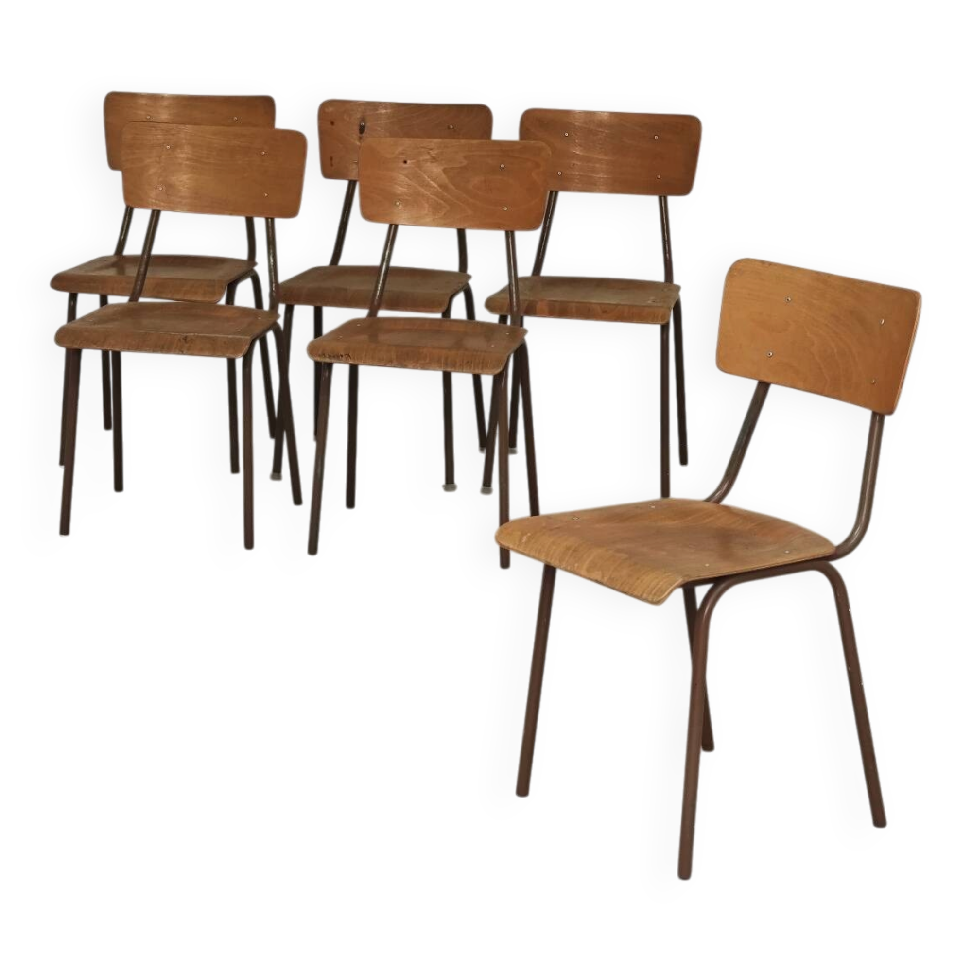 Set of 6 Czech school chairs in metal and wood, Kovona bistro style.