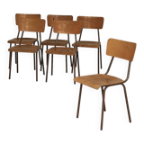 Set of 6 Czech school chairs in metal and wood, Kovona bistro style.