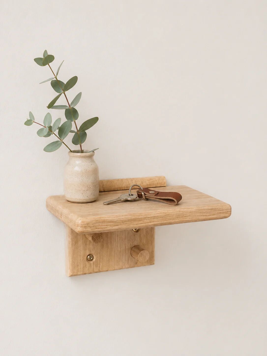 Solid oak shelf with hooks