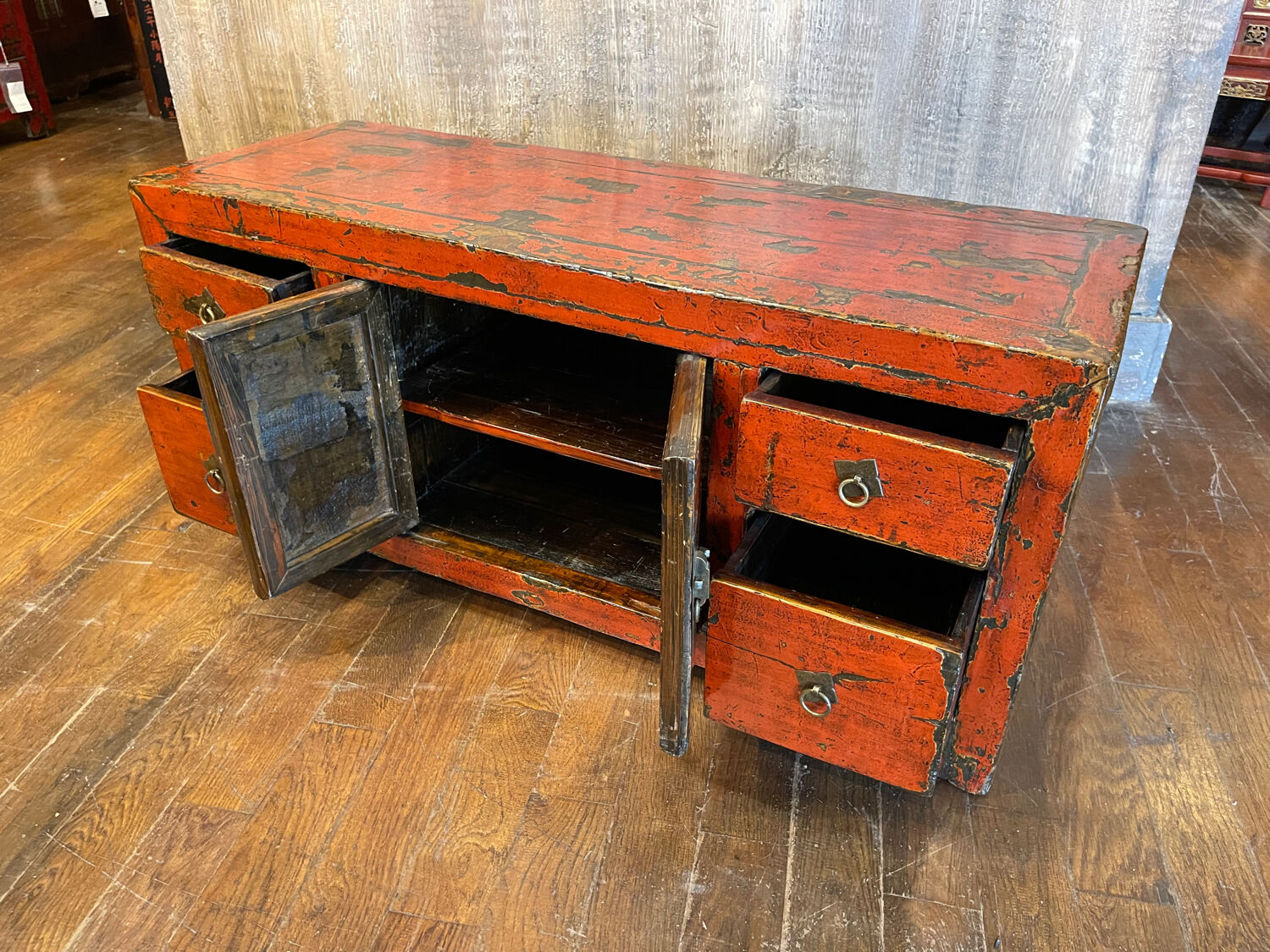 Chinese antique low cabinet 4 drawers + 2 doors