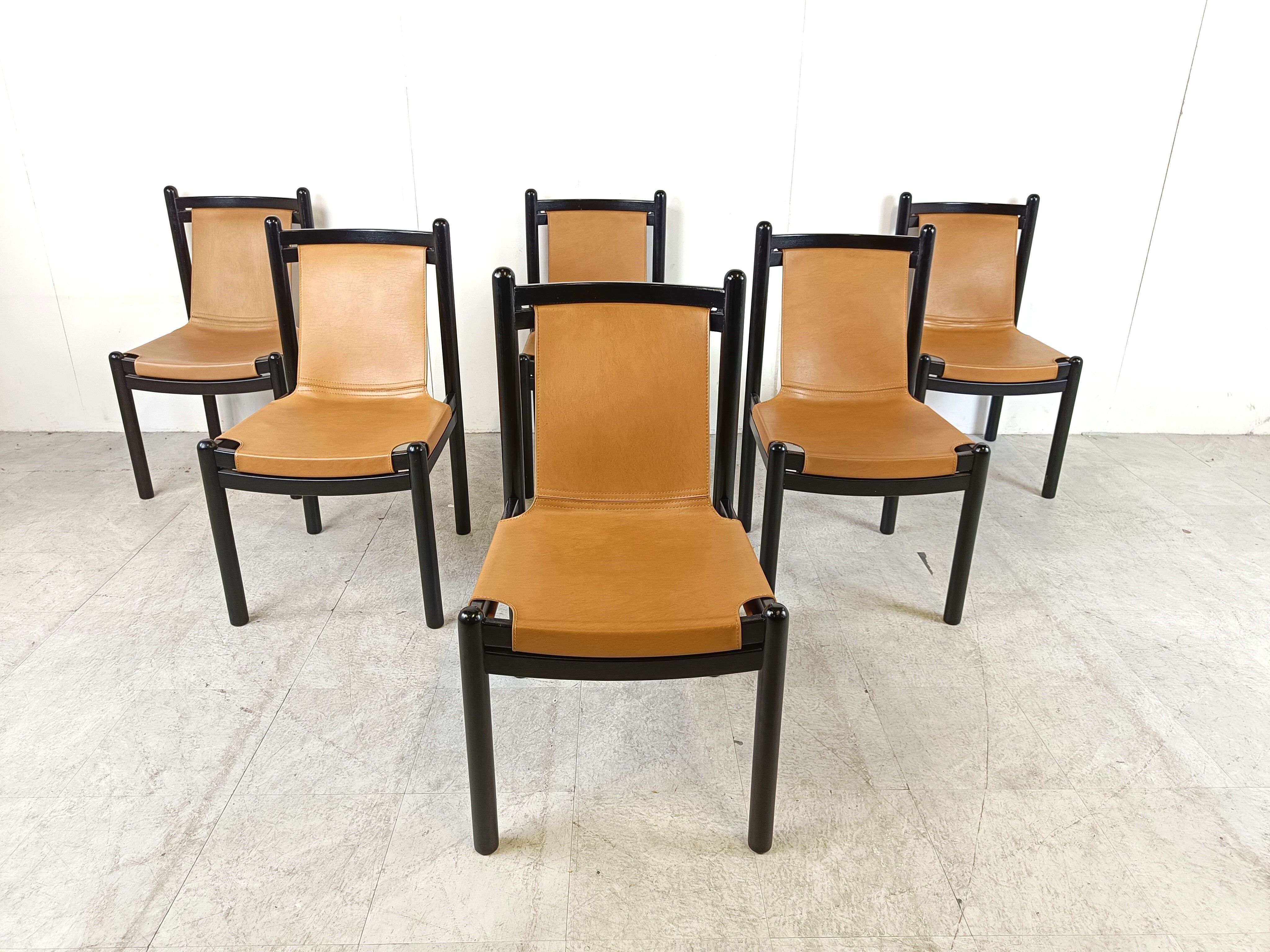 Vintage italian sling leather dining chairs, 1960s